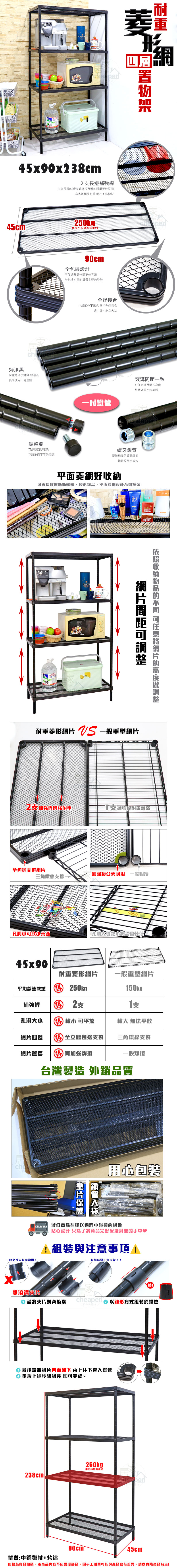四層形45x90x38cm2長補強桿長邊補強讓整體重更佳堅固高品質超強耐重 不易變型45cm 250kg 每層平均烤漆黑粉體烤漆抗銹蝕耐潮濕長期使用不易生鏽腳四腳高低克服地面不平的問題全包邊設計不僅讓整體外觀更佳亮眼全包邊也是耐重最主要的設計全焊接合細節也不馬虎 堅持全焊接合讓小兵也能立大功一致調整整體外觀也較美觀Cheaper螺牙鎖管管相接的重要環節螺牙設計不掉漆平面菱網好直接置瓶瓶罐罐、,平面菱網設計不會掉落es網片間距可調整收納的 可任意網片的高度調整耐重菱形網片  一般重型網片2補強桿增強耐重補強桿耐重較弱全包邊支撐網片加強接合更耐用 一般相接三角鐵線支撐小可放小 孔洞大導致小物品會掉落45x90耐重菱形網片一般重型網片平均靜態載重 250kg 50kg補強桿 勝2支支孔洞大小 勝 較小 可平放較大 無法平放網片四邊 勝全立體包邊支撐網片管套 勝 加強焊接三角鐵線支撐一般焊台灣製造 外銷品質鐵管片用心包裝 減低商品在運送過程中碰撞的機會一般片只有單滾!貼心設計 只為了將商品完好配送到您的手中♥1與注意事項!有缝隙是正常現象!!雙滾溝片請將夾片對齊滾溝さcheaper 以錐形方式組裝於鐵管 最後請將網片凹面朝下 由上往下套入鐵管重覆上述步驟組裝 即可完成~250kg平均靜態載重238cm90cm45cm材質:中鋼鐵材+烤漆圖檔為實品拍攝,本商品內容不包含擺飾品,因手工測量可能與產品略有差異,請以實際商品為主!