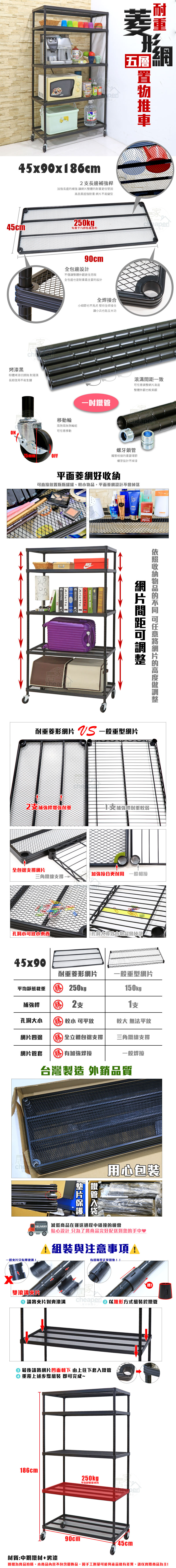 45x90x86cm形五層長補強長邊補強讓整體耐重更佳堅固高品質超強耐重 不易變型45cm®250kg®每層平均烤漆黑90cm全包邊設計不僅讓整體外觀更佳亮眼全包邊也是耐重最主要的設計粉體烤漆抗銹蝕 耐潮濕長期使用不易生鏽全焊接合細節也不馬虎 堅持全焊接合移動輪兩煞兩無煞輪組移動ON75mmOFF讓兵也能立功一致任意網整體外觀也較美觀per螺牙鎖管管相接的重要環節螺牙設計不掉漆平面菱網好可直接置瓶瓶罐罐,平面菱網設計不HOMEArlettaHOMEArlettaNIKETHE HOTEL BOOK網片間距收納的 可任意網片的高度調整耐重菱形網片  一般重型網片2補強桿增强耐重支補強桿耐重較弱-全包邊支撐網片加強接合更耐用 一般相接三角鐵線支撐孔洞小可放小孔洞大導致小物品會掉落45x90耐重菱形網片一般重型網片平均靜態載重  250kg150kg補強桿 勝 2支支孔洞大小 勝 較小 可平放較大 無法平放網片四邊 勝全立體包邊支撐網片管套 勝 加強焊接台灣製造 外銷品質三角鐵線支撐一般焊chea鐵管片用心包裝 減低商品在運送過程中碰撞的機會貼心設計 只為了將商品完好配送到您的手中♥1與注意事項!有缝隙是正常現象!!一般片只有單滾!雙滾溝片請將夾片對齊滾溝cheaped 以錐形方式組裝於鐵管 最後請將網片凹面朝下 由上往下套入鐵管重覆上述步驟組裝 即可完成~186cm250kg平均靜態載重90cm45cm材質:中鋼鐵材+烤漆圖檔為實品拍攝,本商品內容不包含擺飾品,因手工測量可能與產品略有差異,請以實際商品為主!