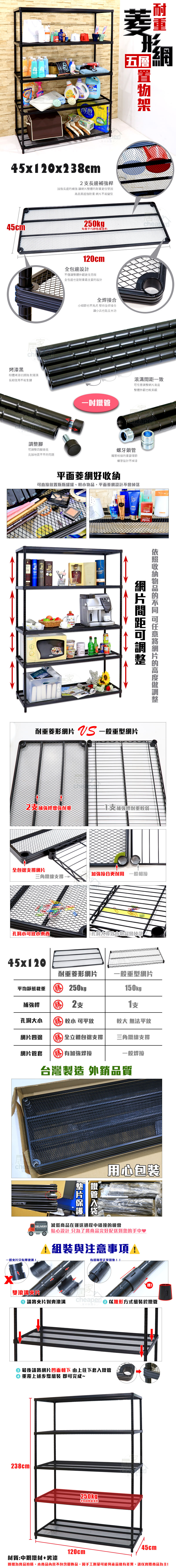45x0x238cm2長補強桿長邊補強讓整體重更佳堅固高品質超強耐重 不易變型45cm250kg 每層平均烤漆黑粉體烤漆抗銹蝕耐潮濕長期使用不易生鏽腳20cm全包邊設計不僅讓整體外觀更佳亮眼全包邊也是耐重最主要的設計四腳高低克服地面不平的問題形五層全焊接合細節也不馬虎 堅持全焊接合讓小兵也能立大功一致調整整體外觀也較美觀per螺牙鎖管鐵管相接的重要環節螺牙設計不掉漆平面菱好直接置瓶瓶罐罐、,平面菱網設計不會掉落網間距可調整收納的 可任意網片的高度調整耐重菱形網片  一般重型網片2補強桿增強耐重1補強桿耐重較弱全包邊支撐網片加強接合更耐用 一般相接三角鐵線支撐小可放小 孔洞大導致小物品會掉落45x120耐重菱形網片一般重型網片平均靜態 250kg ®150kg補強桿 勝2支支孔洞大小 勝 較小 可平放較大 無法平放網片四邊 勝全立體包邊支撐網片管套 勝 加強焊接三角鐵線支撐一般焊台灣製造 外銷品質chea鐵管片用心包裝 減低商品在運送過程中碰撞的機會一般片只有單滾!貼心設計 只為了將商品完好配送到您的手中♥1與注意事項!有缝隙是正常現象!!cheaper  以錐形方式組裝於鐵管雙滾溝片請將夾片對齊滾溝さ 最後請將網片凹面朝下 由上往下套入鐵管重覆上述步驟組裝 即可完成~238cm平均靜態載重120cm45cm材質:中鋼鐵材+烤漆圖檔為實品拍攝,本商品內容不包含擺飾品,因手工測量可能與產品略有差異,請以實際商品為主!